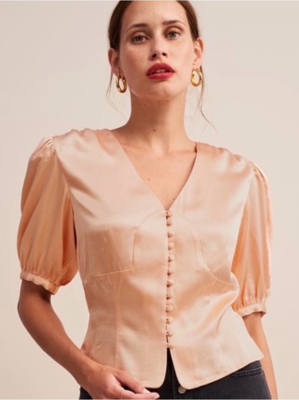 Abercrombie & Fitch Peach Satin Button-Front V-Neck Puff Sleeve Blouse